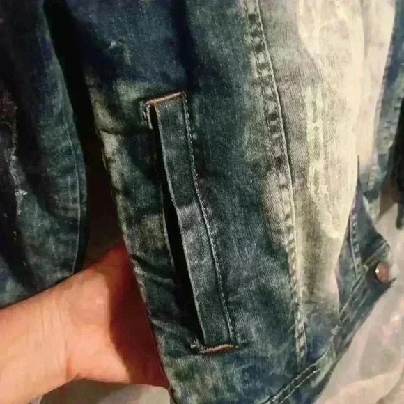 Women's Juniors XL GS 115 Acid Wash Distressed Patchwork Button Down Jean Jacket - Picture 4 of 16